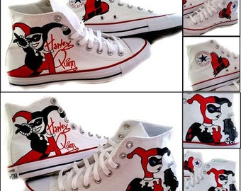 Harley Quinn, Hi Top Sneaker, Geek, Comic, Comic Con, Converse, SciFi, Painted Shoes, Womens Sneakers, Shoes Included