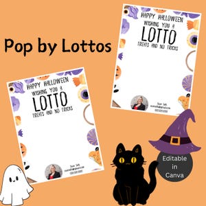Happy Halloween Lotto Mailers | Lotto Pop By | Real Estate Lotto Scratch Off Mailer Thanks a Lotto for your referrals, Fall Marketing, Canva