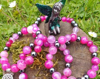 Pink Agate and Hematite Crystal Natural Gemstone Bracelet