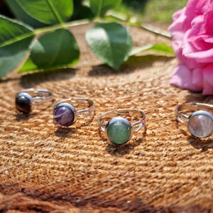 May include: Four adjustable rings with different colored gemstones: brown, purple, green, and clear. The rings have a silver-colored band and are displayed on a wooden surface. A pink rose and green leaves are in the background.