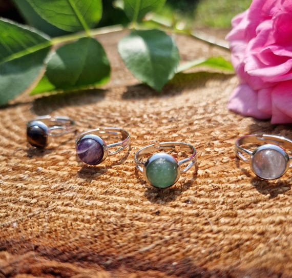 Adjustable Crystal Gemstone Small Round Rings Tiger's Eye Amethyst Green Aventurine Rose Quartz