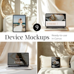 May include: A composite image featuring nine device mockups, including laptops and tablets, arranged on a neutral-toned background. The devices display various images, with the text "Device Mockups" and "Ready-to-use in Canva" prominently displayed. The word "ETHERE" is also visible.