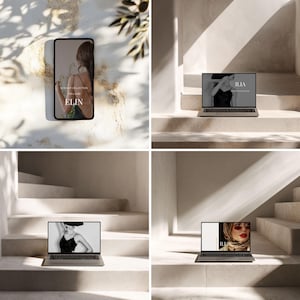May include: A smartphone and three laptops displaying mockups. The smartphone shows a mockup with the text "ELIN" and "MOCKUP COLLECTION". The laptops display fashion and beauty mockups with the brand name "ILIA". The setting is a minimalist, sunlit space with stairs.