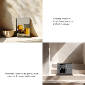 May include: A digital mockup scene featuring a tablet with a black frame displaying two yellow apples, a laptop, and a bowl. The text indicates 13 laptop, 7 cellphone, and 5 tablet mockups are available. The screen designs are not included.