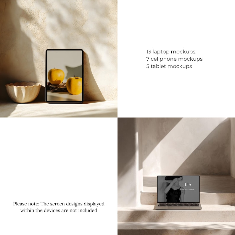 May include: A digital mockup scene featuring a tablet with a black frame displaying two yellow apples, a laptop, and a bowl. The text indicates 13 laptop, 7 cellphone, and 5 tablet mockups are available. The screen designs are not included.