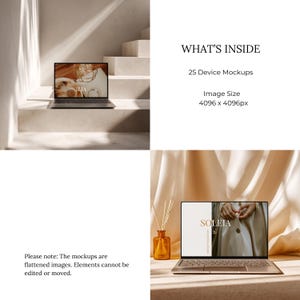 May include: A mockup image featuring two laptops displaying product mockups. The laptops are placed on a neutral background with soft lighting. The text on the image reads "WHAT'S INSIDE" and "25 Device Mockups". The image size is 4096 x 4096px.