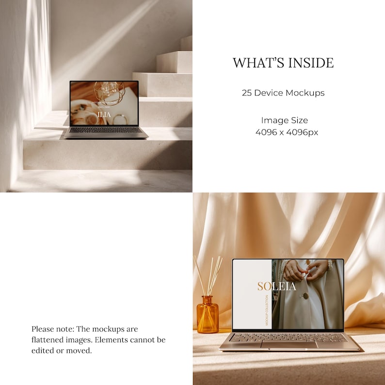 May include: A mockup image featuring two laptops displaying product mockups. The laptops are placed on a neutral background with soft lighting. The text on the image reads "WHAT'S INSIDE" and "25 Device Mockups". The image size is 4096 x 4096px.