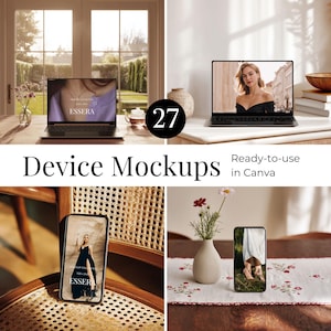 May include: A composite image displaying device mockups. The image features two laptops and two smartphones displaying various images. The text "Device Mockups" and "Ready-to-use in Canva" are also visible. A circular graphic displays the number "27".