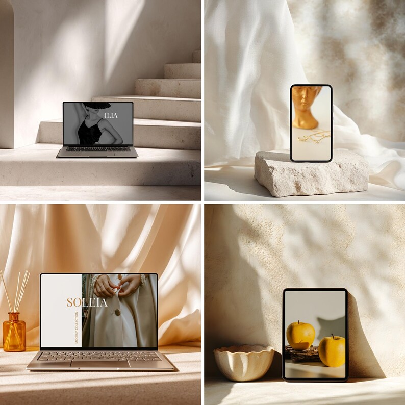 May include: A collage of four images featuring a laptop, a smartphone, and a tablet. The laptop displays the text "ILIA" and "SOLEIA". The smartphone shows a gold bust and jewelry. The tablet reflects two yellow apples. The background includes stairs, fabric, and a bowl.