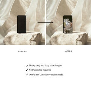 May include: A before-and-after image shows a smartphone on a stone. The 'before' image displays a blank screen, while the 'after' image shows a design with the text 'ZORA'. Text below states: 'Simply drag and drop your designs', 'No Photoshop required', and 'Only a free Canva account is needed'.