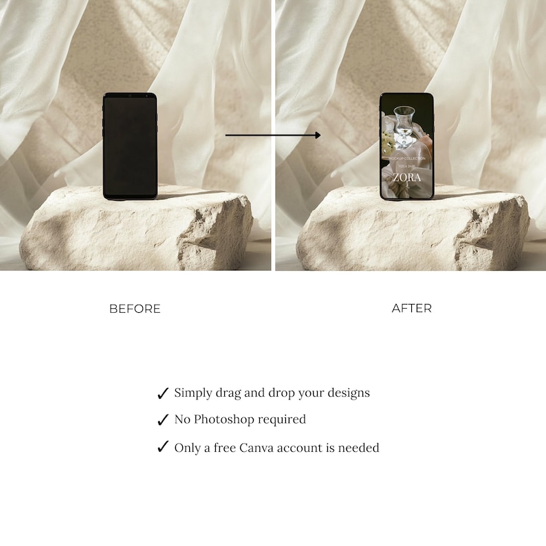 May include: A before-and-after image shows a smartphone on a stone. The 'before' image displays a blank screen, while the 'after' image shows a design with the text 'ZORA'. Text below states: 'Simply drag and drop your designs', 'No Photoshop required', and 'Only a free Canva account is needed'.