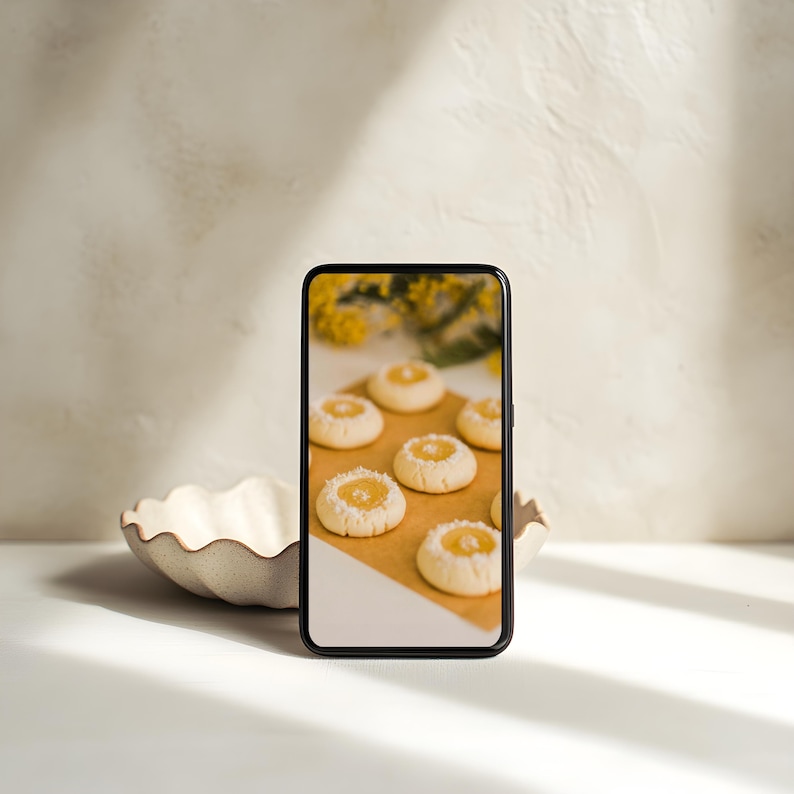 May include: A smartphone displays a close-up of several round cookies with a yellow filling and a dusting of white powder. The cookies sit on a brown surface. A decorative, off-white, scalloped bowl is in the foreground.
