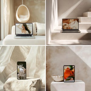 May include: A composite image featuring four lifestyle product mockups. A laptop displays a woman on a beach, another shows jewelry. A smartphone displays a perfume bottle, and a tablet shows oranges. The scene is bathed in natural light.
