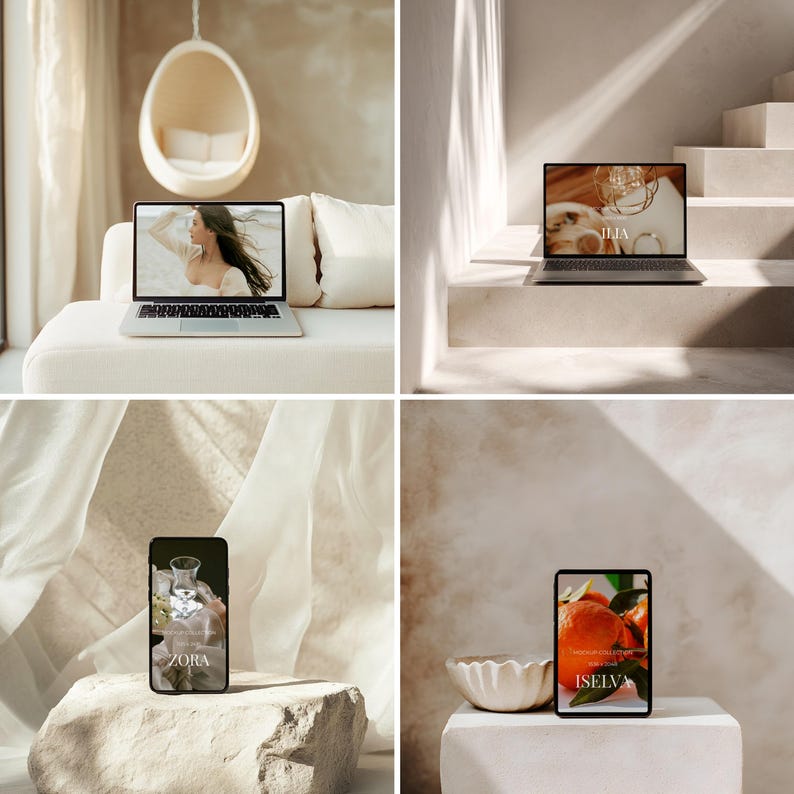 May include: A composite image featuring four lifestyle product mockups. A laptop displays a woman on a beach, another shows jewelry. A smartphone displays a perfume bottle, and a tablet shows oranges. The scene is bathed in natural light.