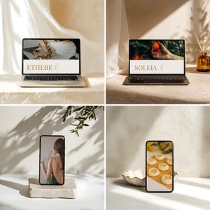 May include: Four images showcasing digital devices. Two laptops display the words "ETHERE" and "SOLEIA" on their screens. Two smartphones show a woman in a dress and cookies. The devices are on neutral-toned surfaces.