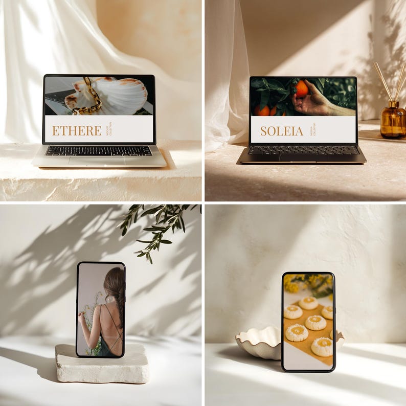 May include: Four images showcasing digital devices. Two laptops display the words "ETHERE" and "SOLEIA" on their screens. Two smartphones show a woman in a dress and cookies. The devices are on neutral-toned surfaces.