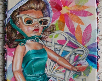 Vintage Doll Oil Painting on Collage Background