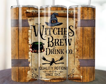 Vaso delgado de 20 oz de Witches Brew Drink Co., sombrero de bruja y palo de escoba, poción de bruja para Halloween, descarga digital PNG de sublimación