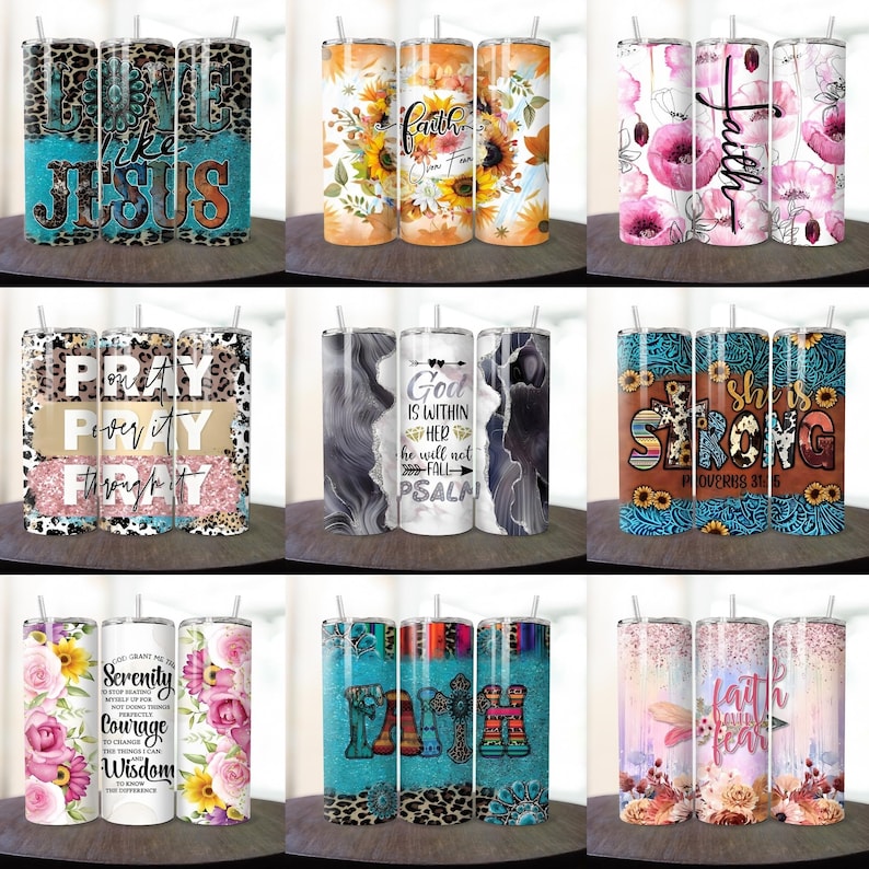 May include: Nine different designs of stainless steel tumblers with inspirational quotes and patterns. The designs include floral patterns, cheetah print, marble, and sunflowers. The quotes include "Live like Jesus", "Pray over it pray through it", "God is within her", "She is strong", "Serenity", "Faith", and "Faith over fear".