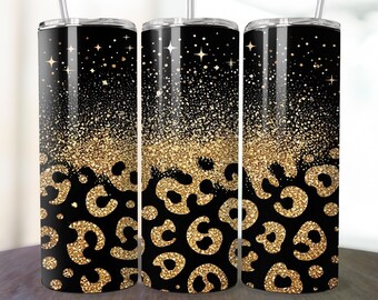 Glitter Leopard 20 oz Skinny Tumbler Wrap, Sublimation Design Template Glitter Gold Leopard Tumbler Straight and Tapered Digital Download