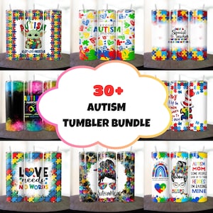 May include: A collection of 30+ autism awareness tumblers. The tumblers feature various designs, including puzzle pieces, hearts, and text such as "Autism Mom" and "Love Needs No Words." The tumblers are cylindrical and have a straw.