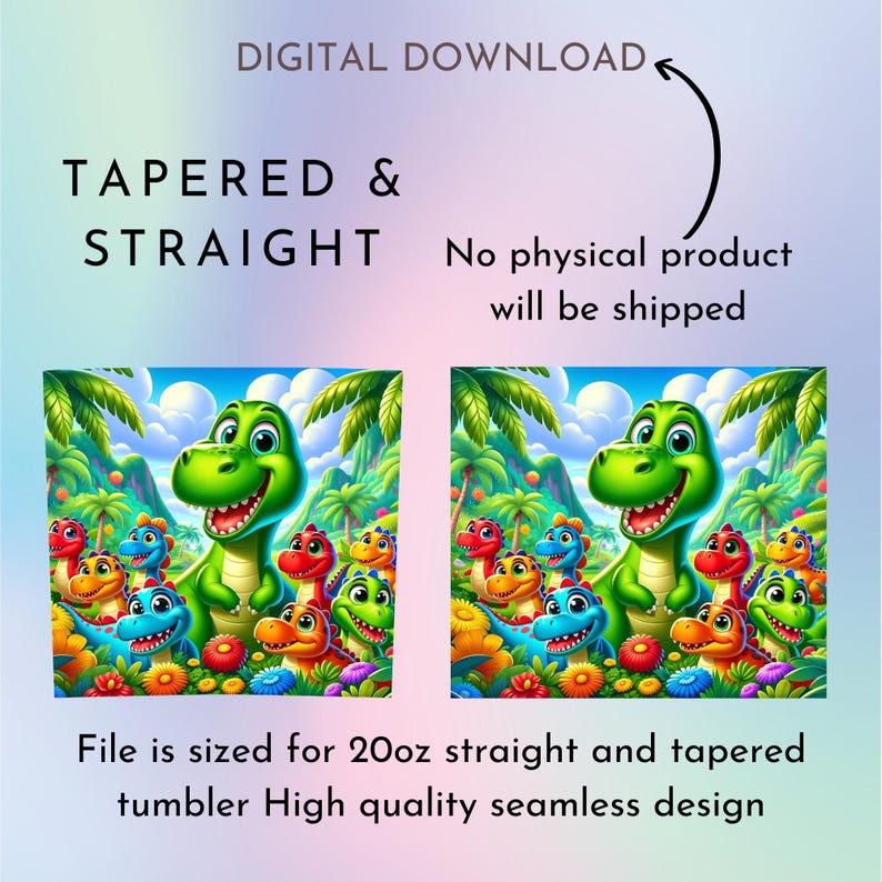 K&ouml;nnte beinhalten: Digitaler Download eines Designs mit einem Cartoon-Dinosaurier und einer Gruppe kleinerer Dinosaurier. Das Design ist f&uuml;r einen geraden oder konischen Becher mit 20 Unzen ausgelegt. Das Design ist von hoher Qualit&auml;t und nahtlos.