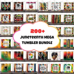 May include: A collection of over 200 Juneteenth-themed tumblers. The tumblers feature various designs, including text, graphics, and patterns. The color palette includes red, green, yellow, and black. The text on the tumblers includes "Juneteenth," "Black History," and other related phrases.