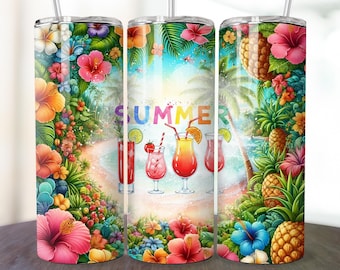 Sommarvibbar Tumbler Wrap, 20 oz smal tumbler, sommar tumbler Wrap PNG hibiskus sublimeringsdesign tropiska blommor, digital nedladdning