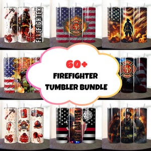 Könnte beinhalten: Ein Set mit über 60 Feuerwehr-Tumblern. Die Tumbler zeigen verschiedene Designs, darunter amerikanische Flaggen, Feuerwehrhelme und Feuerwehr-Embleme. Die Tumbler sind perfekt für jeden Feuerwehrmann oder Unterstützer der Feuerwehr.