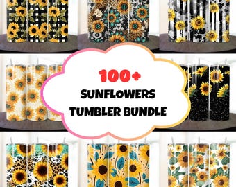 May include: A collection of 100+ sunflower tumbler designs. The tumblers feature various patterns and colors, including black, white, yellow, and green. The tumblers are perfect for adding a touch of summer to your home decor.