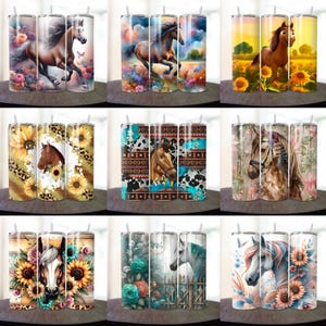 May include: Set of nine 20 oz stainless steel tumblers with various horse and floral designs. The tumblers are double-walled and vacuum insulated to keep drinks cold or hot for hours.
