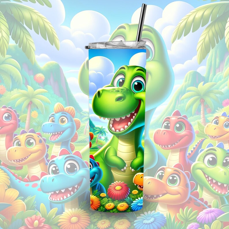 K&ouml;nnte beinhalten: Ein gr&uuml;ner Dinosaurier mit einem breiten L&auml;cheln ist von kleineren Dinosauriern in einer farbenfrohen Dschungelumgebung umgeben. Dieses Design ist auf einen Edelstahlbecher mit Deckel und Strohhalm gedruckt.
