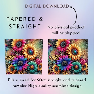 Puede incluir: Un dise&ntilde;o de descarga digital con un patr&oacute;n floral colorido con girasoles, estampado de leopardo y fondo brillante. El dise&ntilde;o est&aacute; dimensionado para un vaso recto o c&oacute;nico de 20 oz.