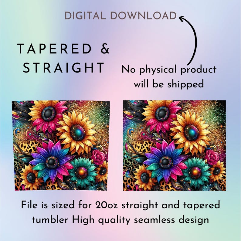 Puede incluir: Un dise&ntilde;o de descarga digital con un patr&oacute;n floral colorido con girasoles, estampado de leopardo y fondo brillante. El dise&ntilde;o est&aacute; dimensionado para un vaso recto o c&oacute;nico de 20 oz.