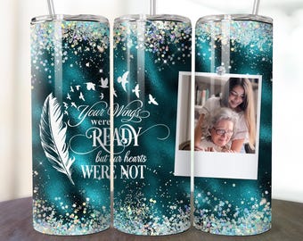 Envoltura de vaso conmemorativa, diseño de sublimación de vaso delgado de 20 oz, Tu vida fue una bendición, marco de fotos con mariposas y brillo, descarga de envoltura PNG