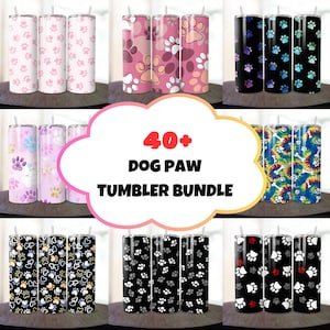 May include: A set of 40+ dog paw print sublimation designs for tumblers. The designs feature various colors and patterns, including pink, blue, black, white, and tie-dye.