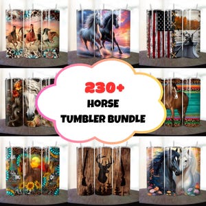 Może przedstawiać: Kolaż dziewięciu obrazów prezentujących różne wzory dla ponad 230 zestawów kubków z motywem koni. Wzory przedstawiają konie, zachody słońca, wzory kwiatowe i inne motywy inspirowane naturą.