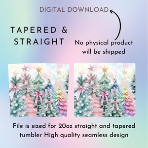 May include: Digital download of a seamless design featuring a watercolour illustration of a group of Christmas trees with pink, green, and rainbow colours. The design is sized for a 20oz straight or tapered tumbler.
