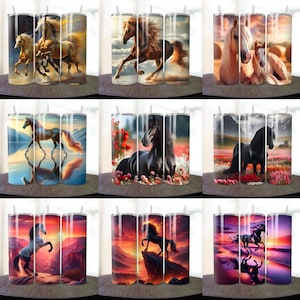 May include: Set of nine stainless steel tumblers with various horse designs. The tumblers feature a variety of colors and backgrounds, including a sunset, a field of flowers, and a lake.