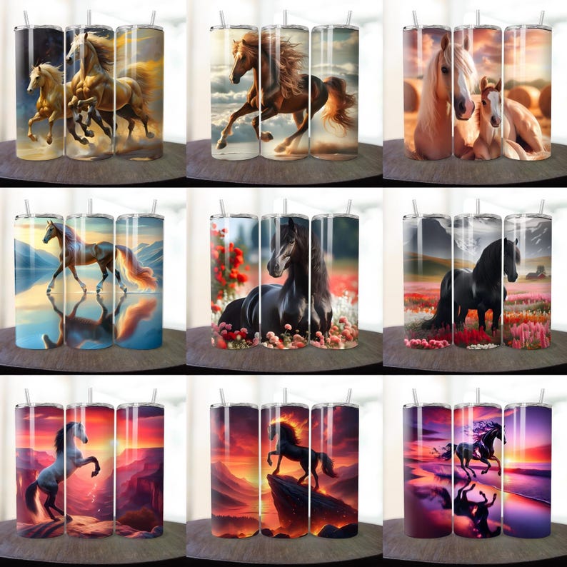 May include: Set of nine stainless steel tumblers with various horse designs. The tumblers feature a variety of colors and backgrounds, including a sunset, a field of flowers, and a lake.