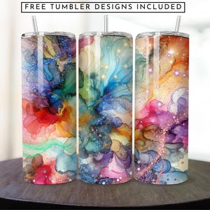 Rainbow Alcohol Ink Tumbler Wrap: Gold Glitter 20oz Sublimation Design (PNG File)