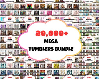Op de afbeelding: Een collage van afbeeldingen die meer dan 20.000 bekerontwerpen laten zien. De ontwerpen omvatten verschillende thema's zoals bloemen, dieren, feestdagen en meer. De tekst "20.000+ MEGA TUMBLERS BUNDLE" wordt weergegeven in een grote, rode wolkvorm.