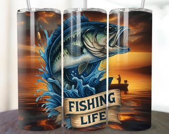 Fiskarens tumblersjal, fiskeliv sublimering PNG digital nedladdning, 20oz smal rak och avsmalnande tumblersjal, fiskedesign