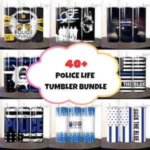 May include: A set of 40+ police-themed tumblers featuring various designs, including a police officer, a police car, a thin blue line flag, and the words "Police Life Tumbler Bundle".