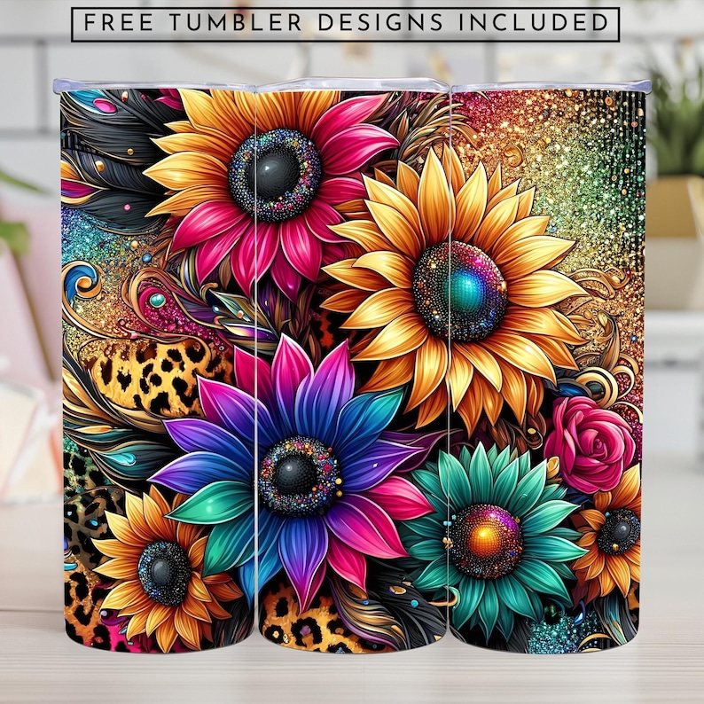 Puede incluir: Un dise&ntilde;o floral colorido con girasoles, rosas y otras flores sobre un fondo de estampado de leopardo. El dise&ntilde;o es perfecto para un vaso o otros art&iacute;culos de decoraci&oacute;n del hogar.