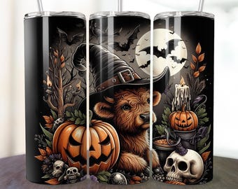 Witchy Halloween Highland Cow 20 oz Skinny Tumbler Sublimation Design, Baby Highland Cow Witch Halloween Tumbler, Cute Cow Png, Download