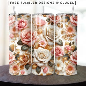 3D Pink Roses Floral Tumbler Wrap, Straight & Tapered Tumbler Wrap, 20 oz Skinny Tumbler Sublimation Design, Instant Digital Download PNG