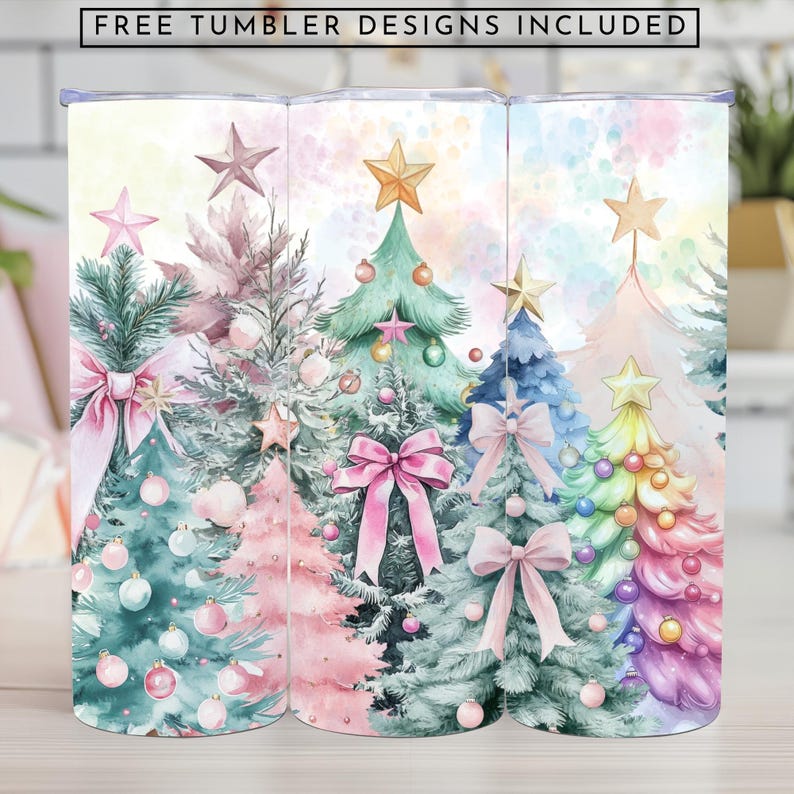 May include: Three watercolour Christmas tree designs for tumblers. The trees are decorated with pink, blue, green, and rainbow baubles and bows. The background is a soft watercolour wash of pink, blue, and green.