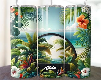 Summer 20 oz skinny tumbler sublimation design Add text /name blank Sea beach Tropical Summer digital PNG Straight wrap Waterslide download