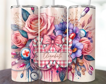 Envoltura para vaso de enfermera PNG, diseño de sublimación de enfermera delgada de 20 oz, regalo personalizado para estudiantes de enfermería, regalo de enfermera personalizado rosa